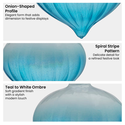 Christabelle Box of 6 Teal Ombre Glass Onion Baubles with Spiral Stripes