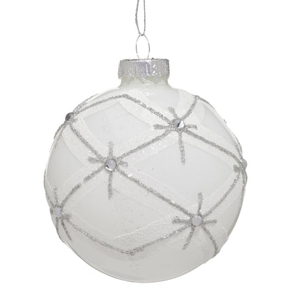 Christabelle Matt White Glass Baubles 6Pcs with Glitter Pattern & Pearls Balls Christmas Tree Decoration Ornament