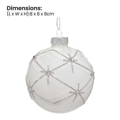Christabelle Matt White Glass Baubles 6Pcs with Glitter Pattern & Pearls Balls Christmas Tree Decoration Ornament