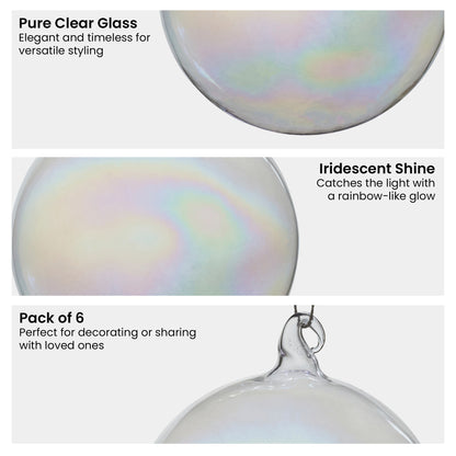 Christabelle Box of 6 Pure Clear Glass Baubles with Iridescent Shine