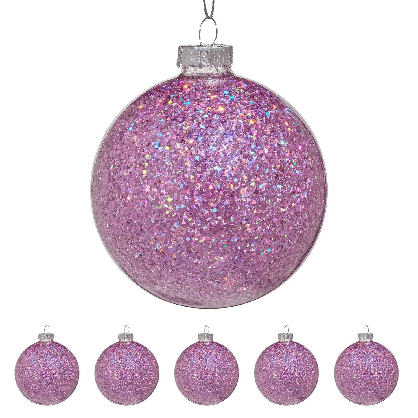 Christabelle Box of 6 Purple Glass Baubles with Glittered Surface