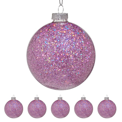 Christabelle Box of 6 Purple Glass Baubles with Glittered Surface