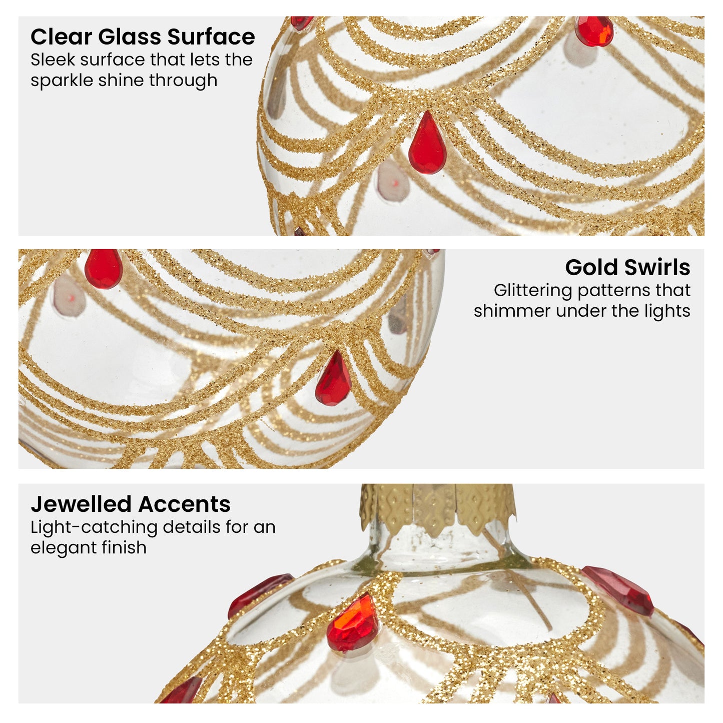 Christabelle Box of 6 Clear Glass Baubles with Gold Swirls and Jewels