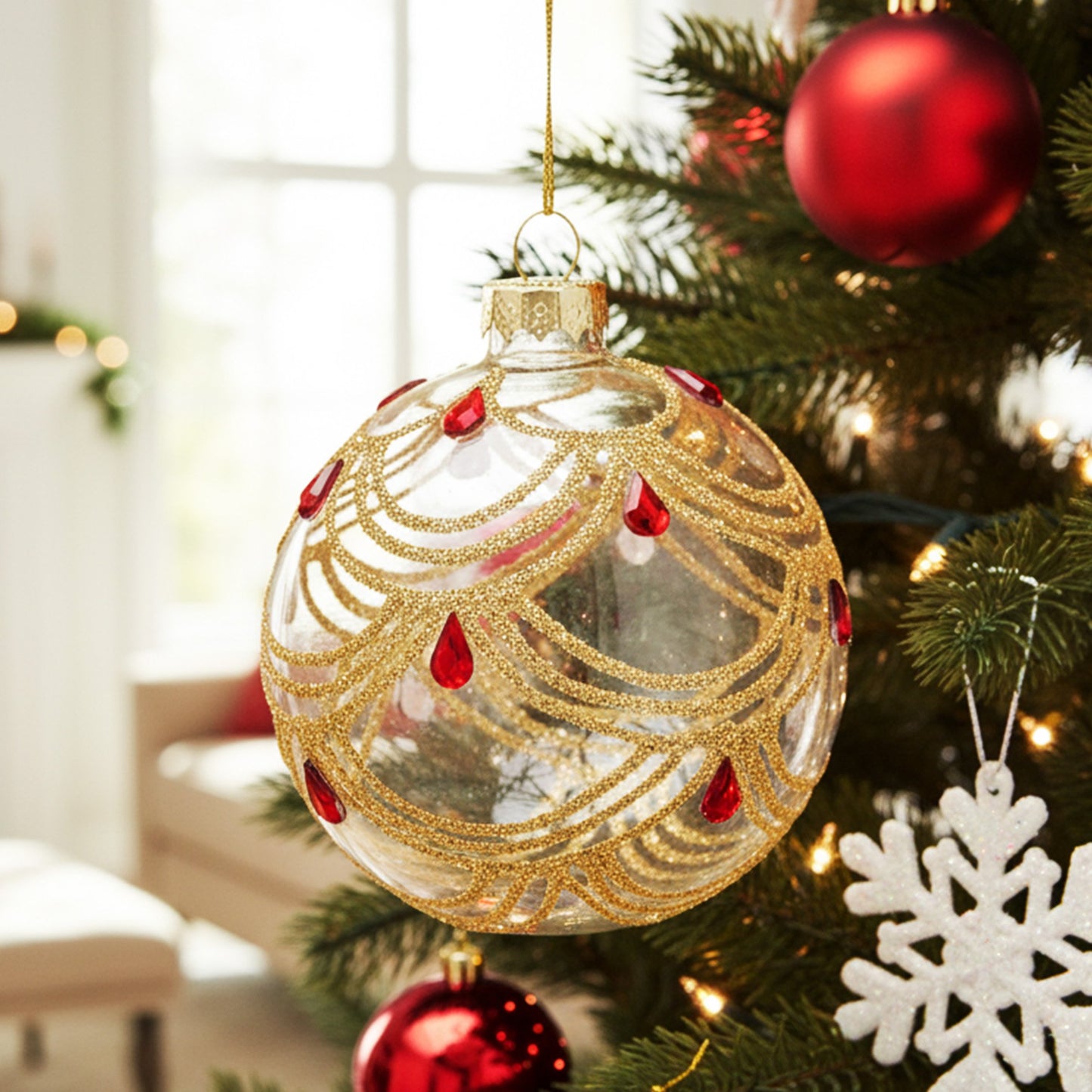 Christabelle Box of 6 Clear Glass Baubles with Gold Swirls and Jewels