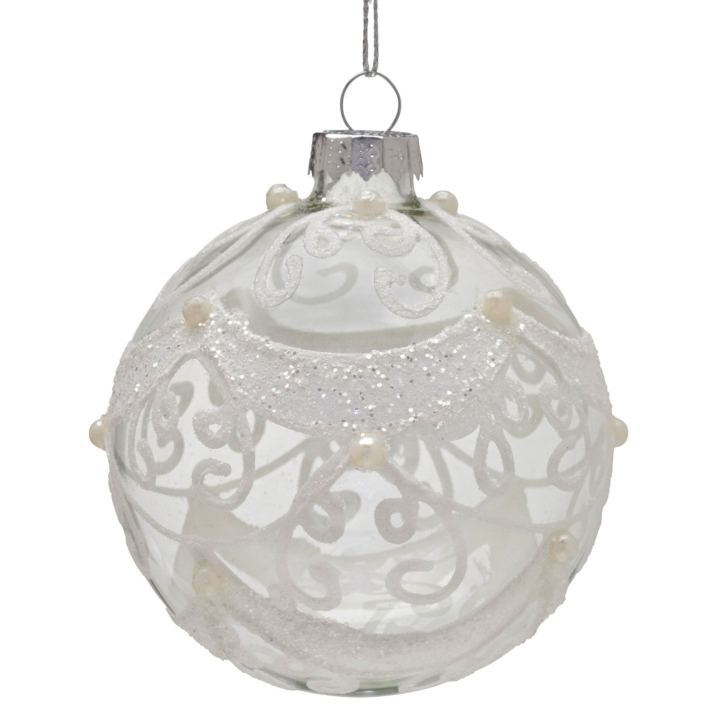 Christabelle Box of 6 Clear Glass Baubles with Glitter Swirls and Pearls