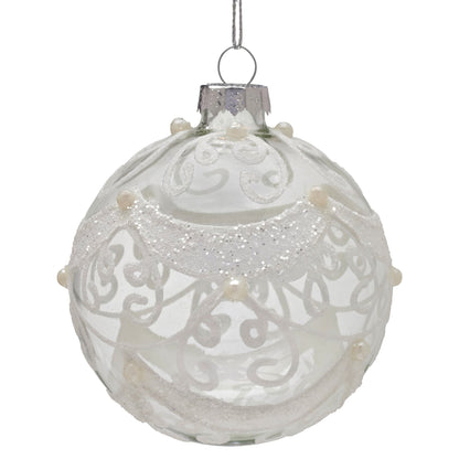 Christabelle Box of 6 Clear Glass Baubles with Glitter Swirls and Pearls