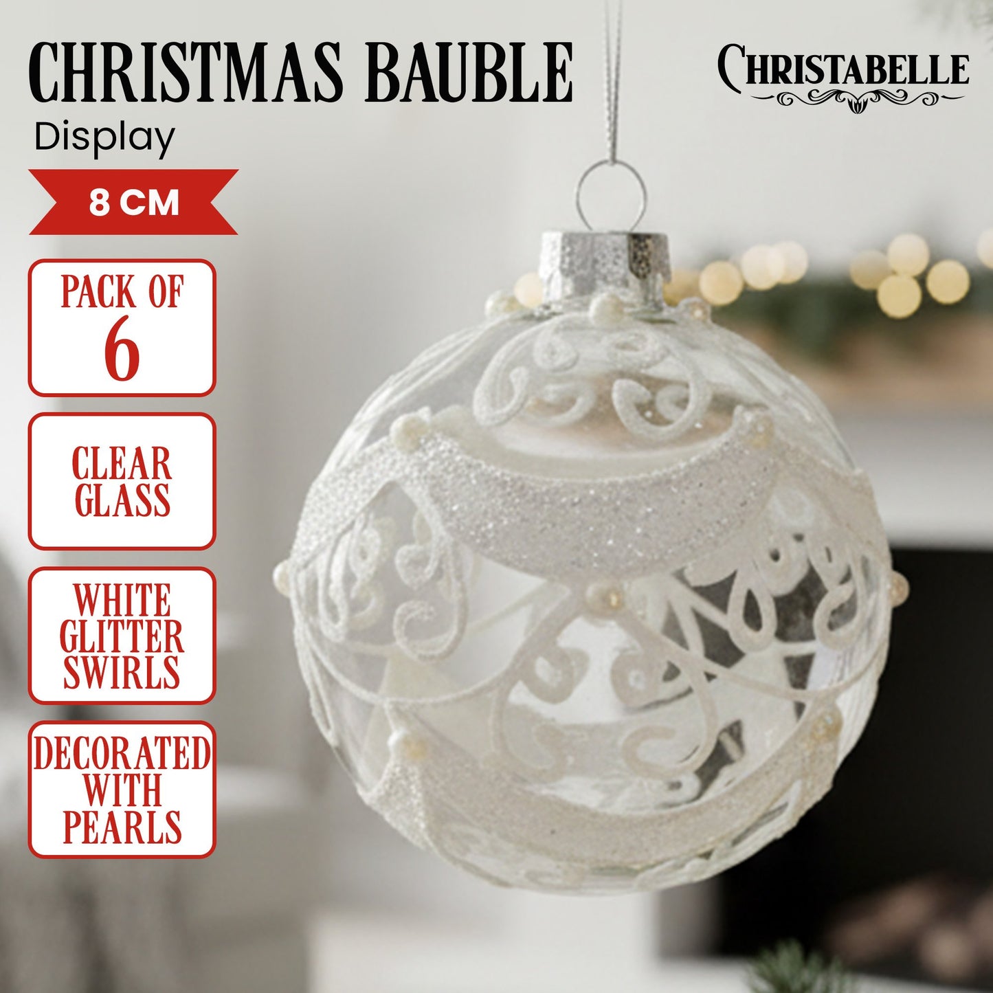 Christabelle Box of 6 Clear Glass Baubles with Glitter Swirls and Pearls