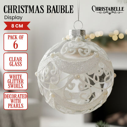Christabelle Box of 6 Clear Glass Baubles with Glitter Swirls and Pearls