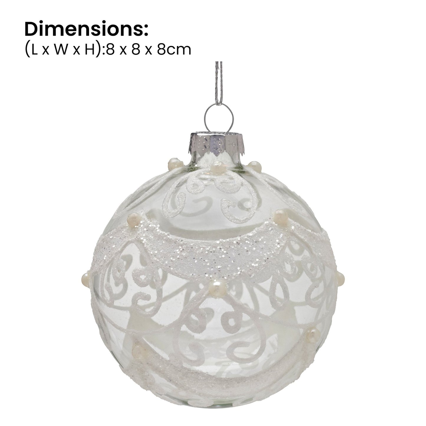 Christabelle Box of 6 Clear Glass Baubles with Glitter Swirls and Pearls