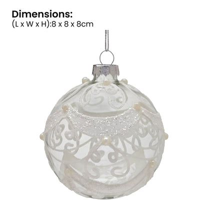Christabelle Box of 6 Clear Glass Baubles with Glitter Swirls and Pearls