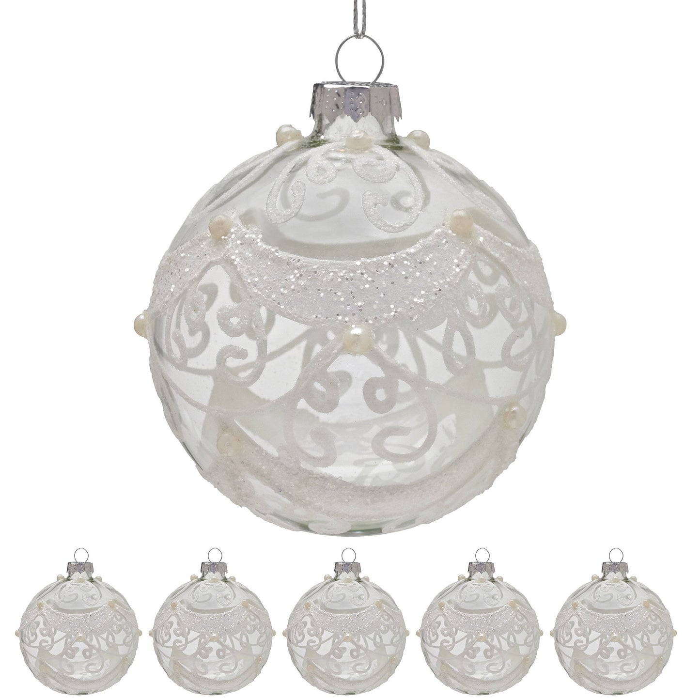 Christabelle Box of 6 Clear Glass Baubles with Glitter Swirls and Pearls