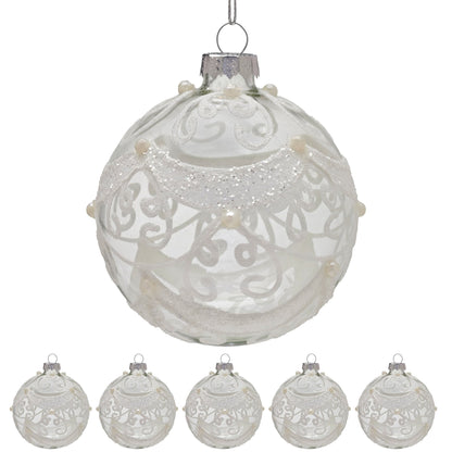 Christabelle Box of 6 Clear Glass Baubles with Glitter Swirls and Pearls