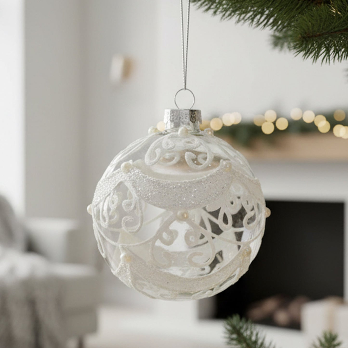 Christabelle Box of 6 Clear Glass Baubles with Glitter Swirls and Pearls