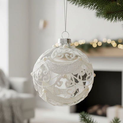 Christabelle Box of 6 Clear Glass Baubles with Glitter Swirls and Pearls