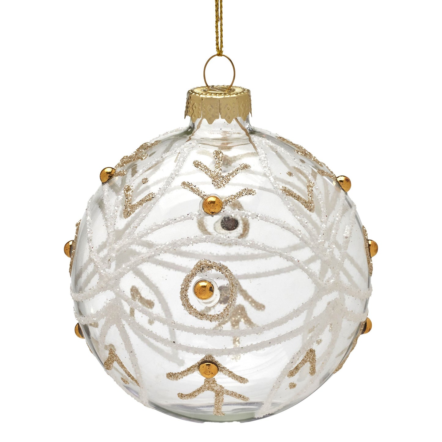 Christabelle Box of 6 Clear Glass Baubles with Glitter Swirls and Gold Pearls