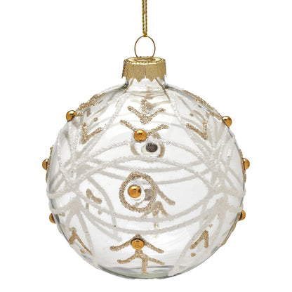 Christabelle Box of 6 Clear Glass Baubles with Glitter Swirls and Gold Pearls