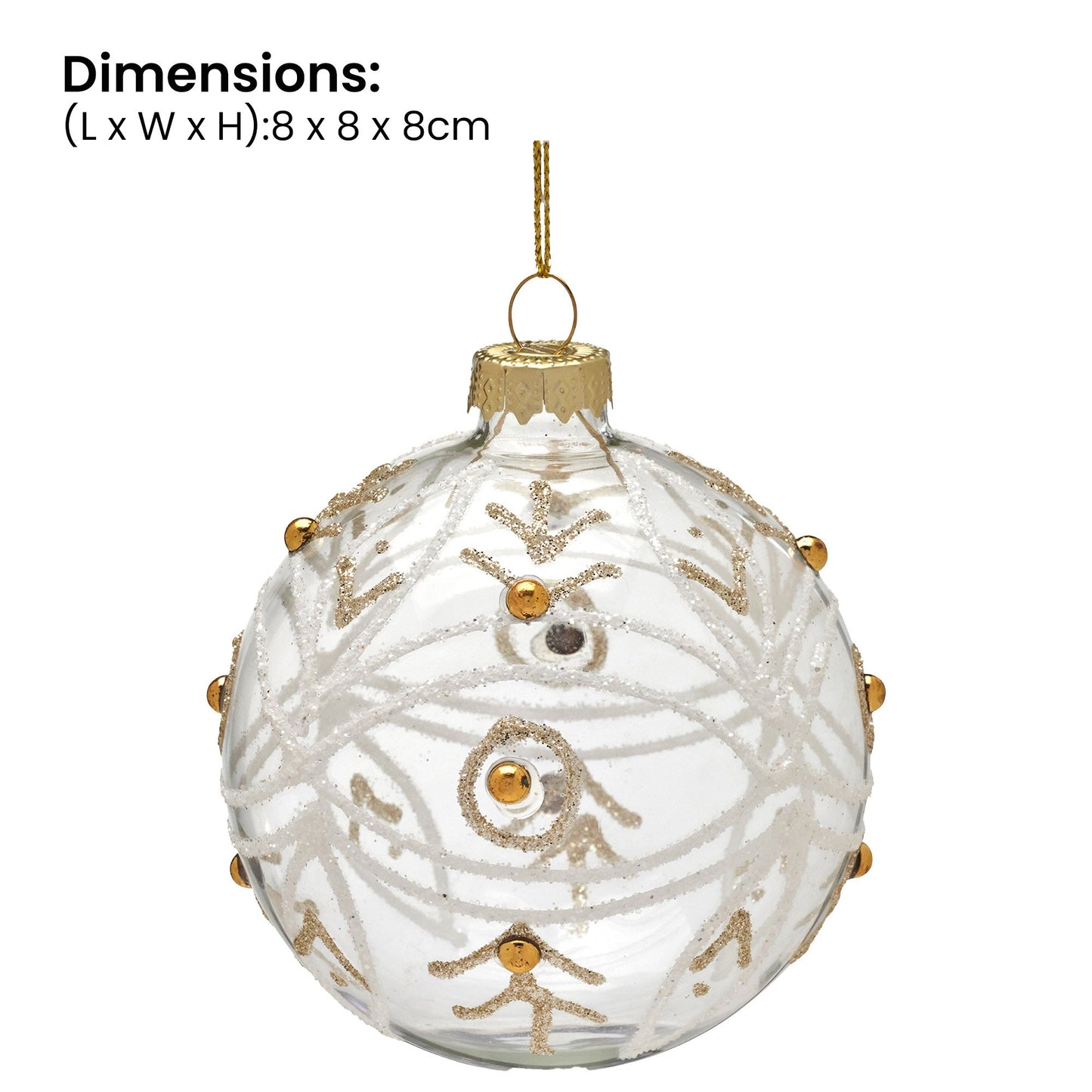 Christabelle Box of 6 Clear Glass Baubles with Glitter Swirls and Gold Pearls