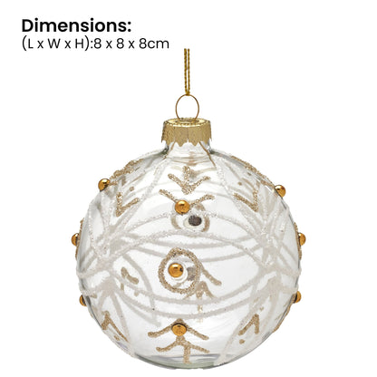 Christabelle Box of 6 Clear Glass Baubles with Glitter Swirls and Gold Pearls