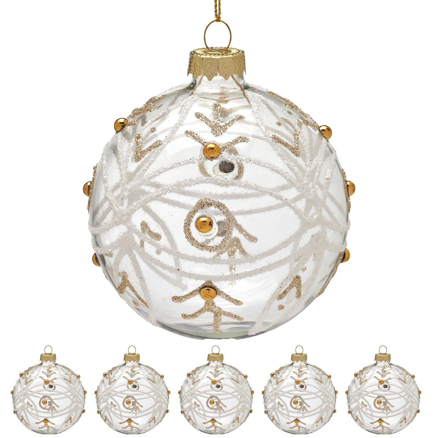 Christabelle Box of 6 Clear Glass Baubles with Glitter Swirls and Gold Pearls