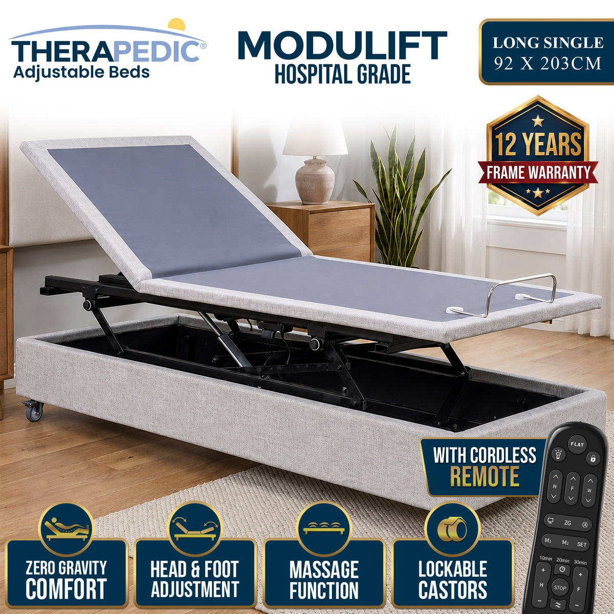 Sleep Australasia Therapedic Modulift Hospital Grade Long Single Electric Adjustable Bed Base with Massage & Wireless Remote