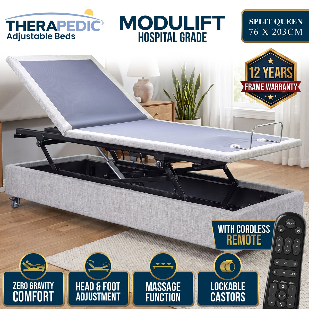 Therapedic Modulift Hospital Grade Split Queen Electric Adjustable Bed Base with Massage & Wireless Remote