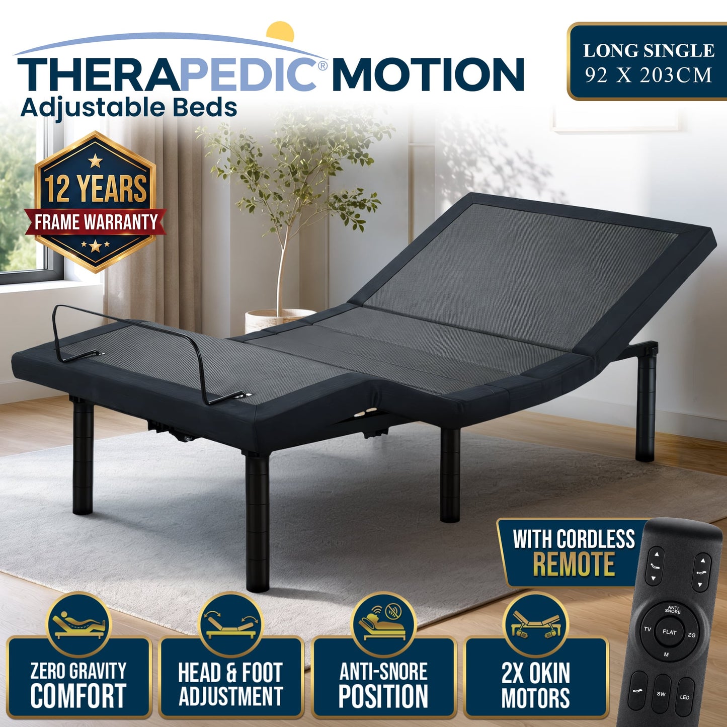Therapedic Motion Adjustable Long Single Bed Base with Wireless Remote