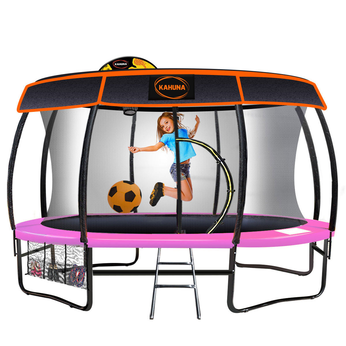 Kahuna Trampoline 14 ft with Basketball Set and Roof - Pink