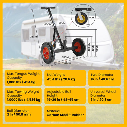 Kartrite 3-Wheel Adjustable Trailer Dolly Heavy Duty Caravan Mover 1000 lbs Tongue Capacity Durable Transport Solution