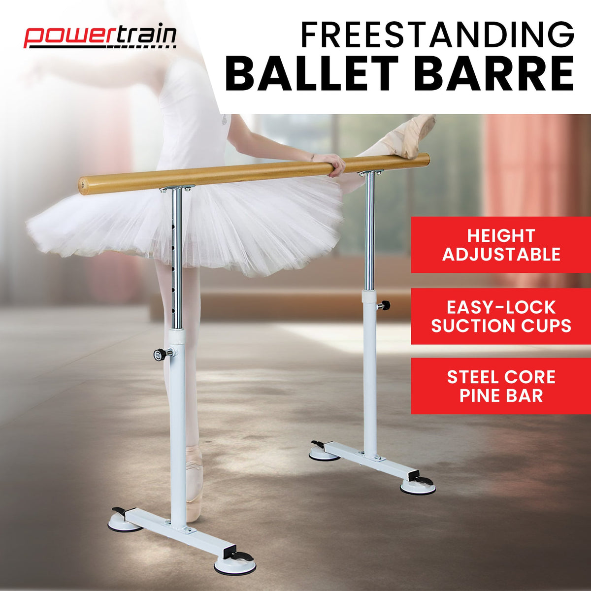 Powertrain 150cm Freestanding Ballet Barre Portable Adjustable Height Dance Bar Pine Wood Pole Home Studio
