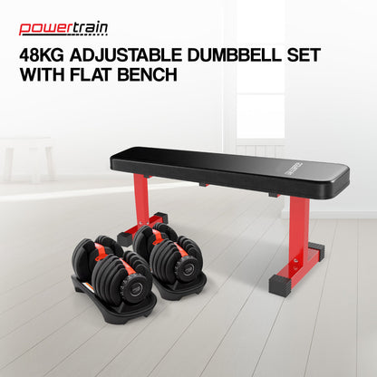 Powertrain 48KG Adjustable Dumbbell Set (Red) with Flat Bench