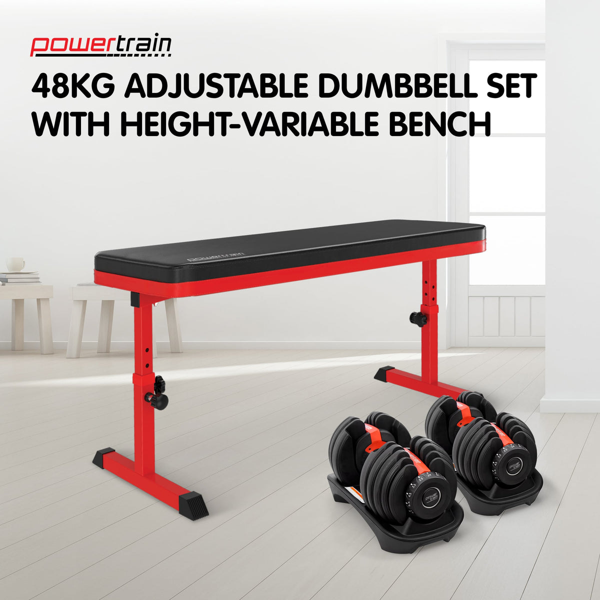 Powertrain 48KG Adjustable Dumbbell Set - Red with Height-Variable Bench