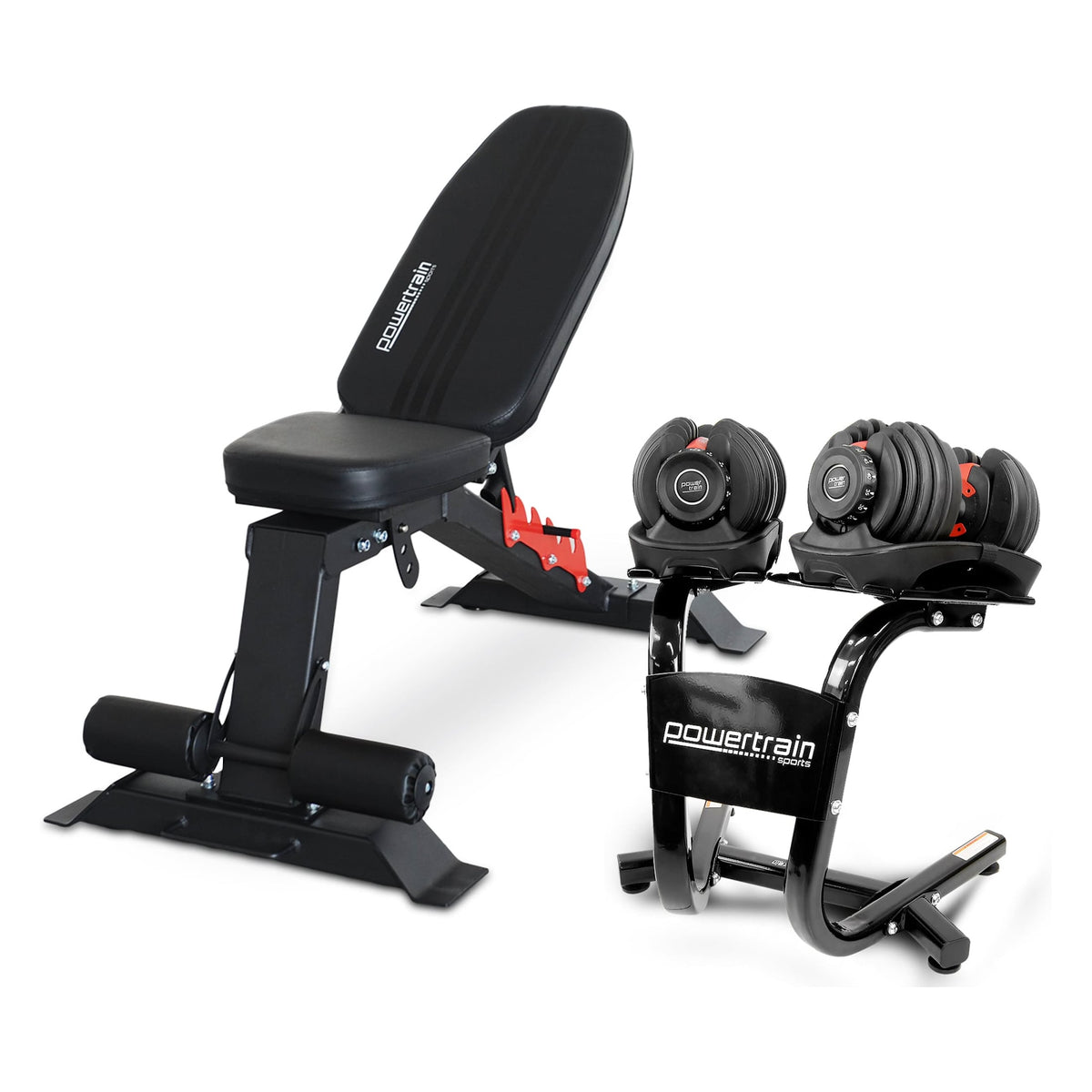 Powertrain 48KG Adjustable Dumbbell Set (Red) & Stand with Flat Incline Decline Bench