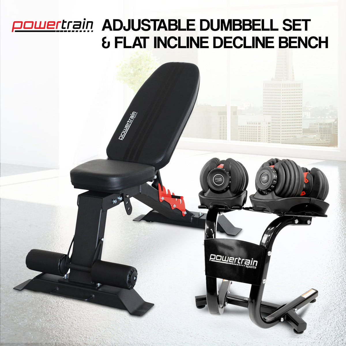 Powertrain 48KG Adjustable Dumbbell Set (Red) & Stand with Flat Incline Decline Bench