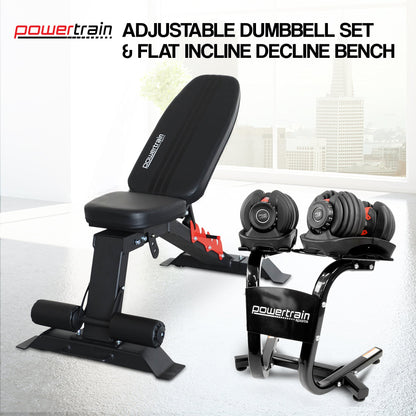 Powertrain 48KG Adjustable Dumbbell Set (Red) & Stand with Flat Incline Decline Bench