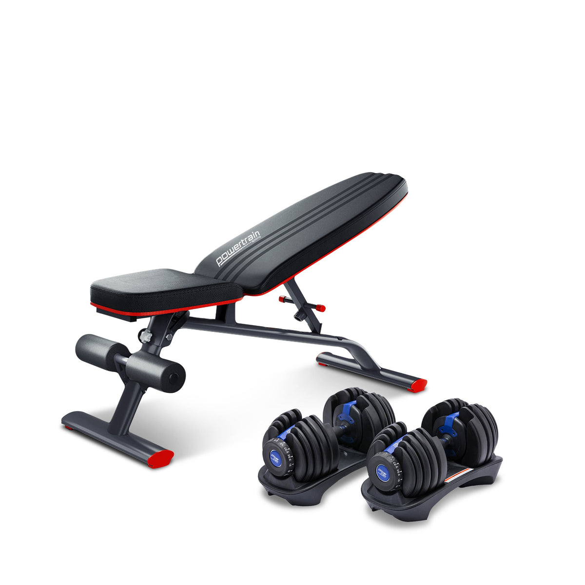 Powertrain 48KG Adjustable Dumbbell Set (Blue) with FID Weight Bench