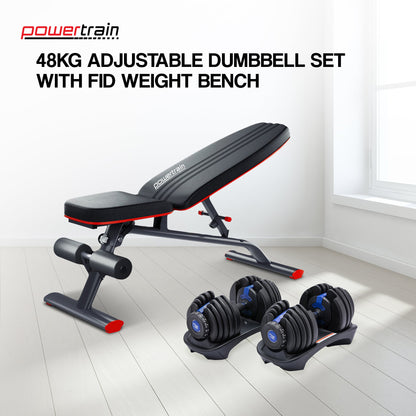 Powertrain 48KG Adjustable Dumbbell Set (Blue) with FID Weight Bench