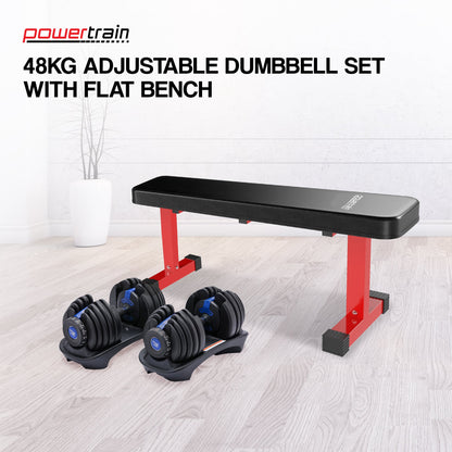 Powertrain 48KG Adjustable Dumbbell Set (Blue) with Flat Bench