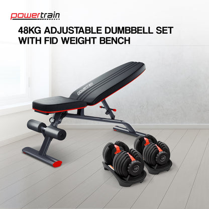 Powertrain 48KG Adjustable Dumbbell Set (Red) with FID Weight Bench