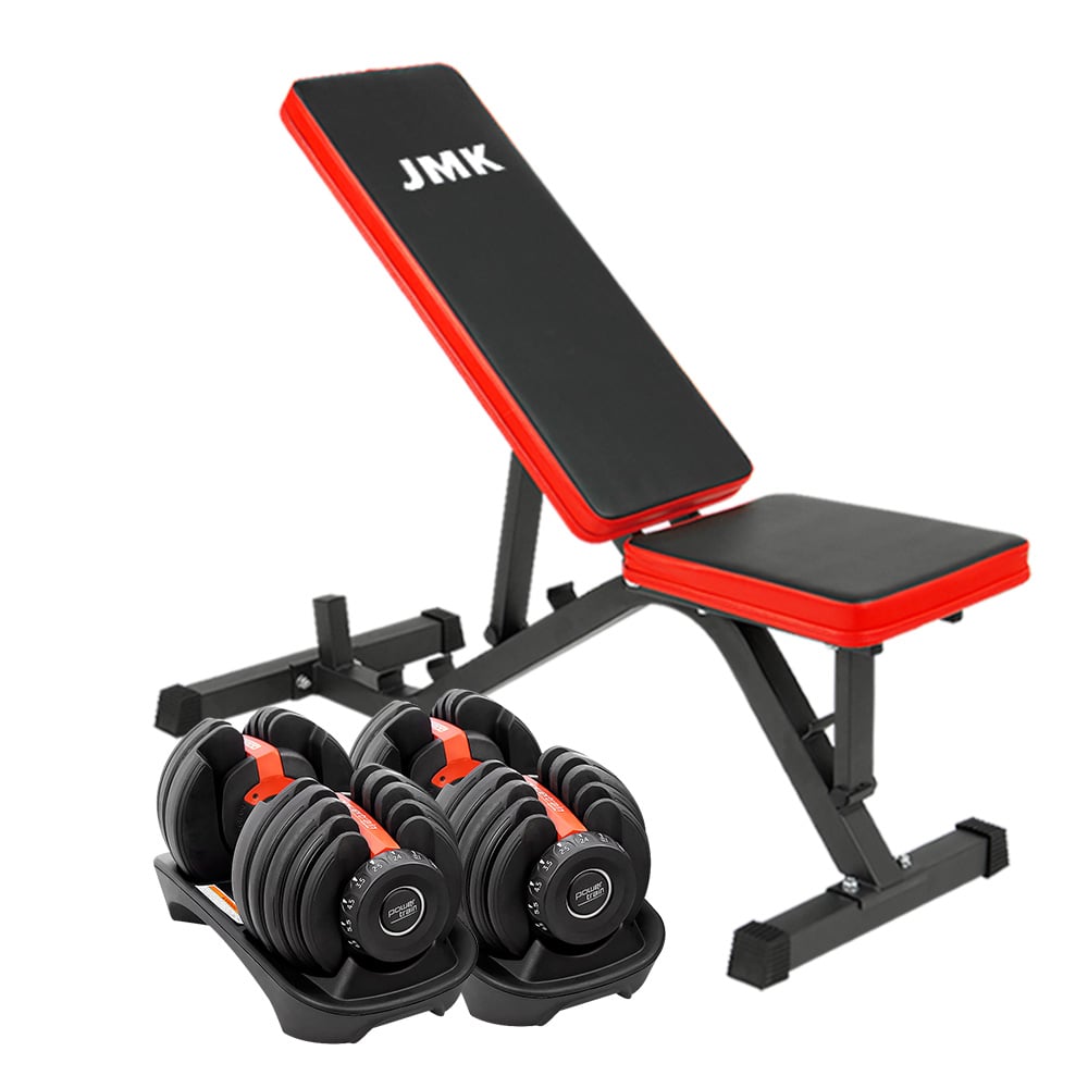 2x Powertrain 24kg Adjustable Dumbbell Home Gym w/ Exercise Bench
