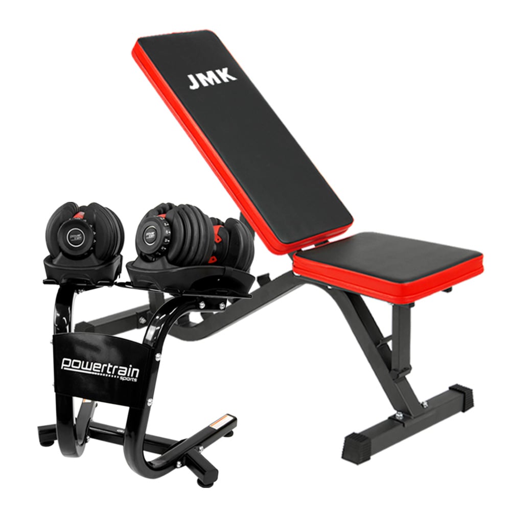 2x Powertrain 24kg Adjustable Dumbbells w/ Stand and Exercise Bench