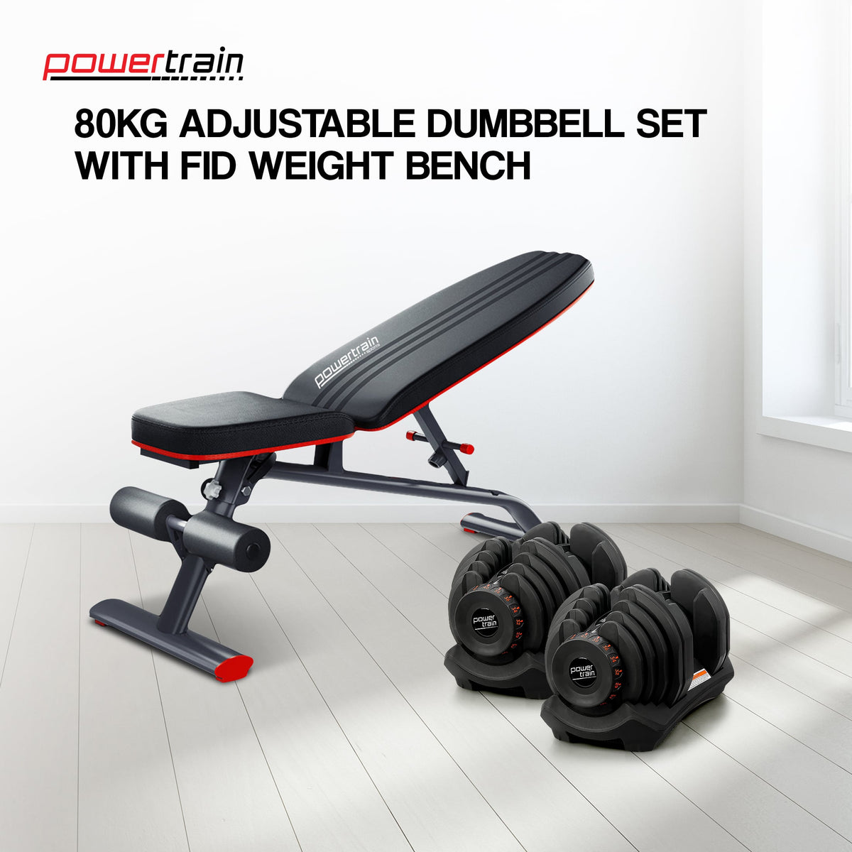 Powertrain 80KG Adjustable Dumbbell Set with FID Weight Bench