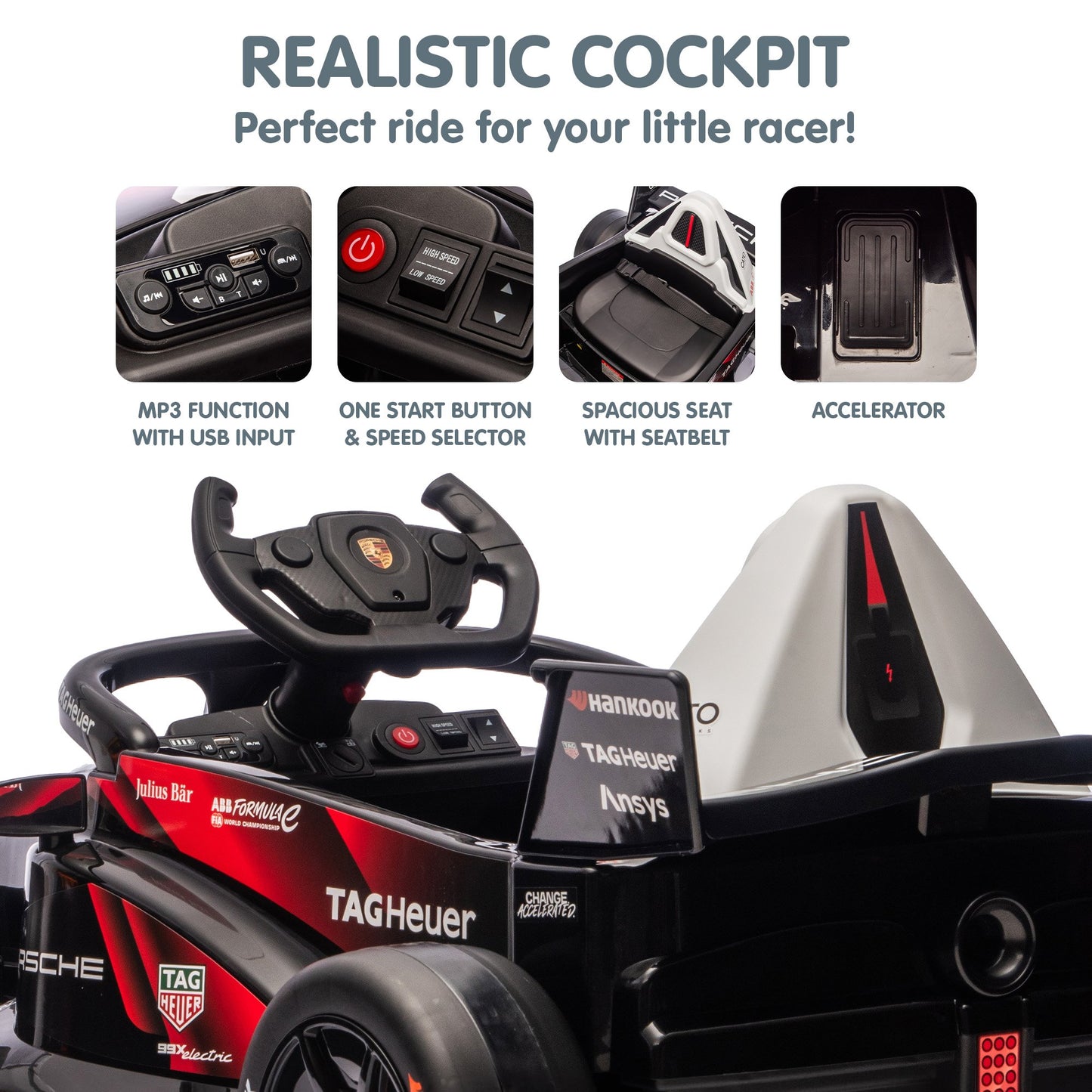 Kahuna Porsche Formula E Kids Electric Ride On Car Remote Control 60W Dual Motors MP3 Player Suspension & Seat Belt