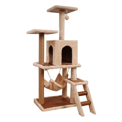 Furtastic 125cm Cat Tree Tower Scratching Post Plush Cat Condo with Hammock, Cubby House & Toy - Beige