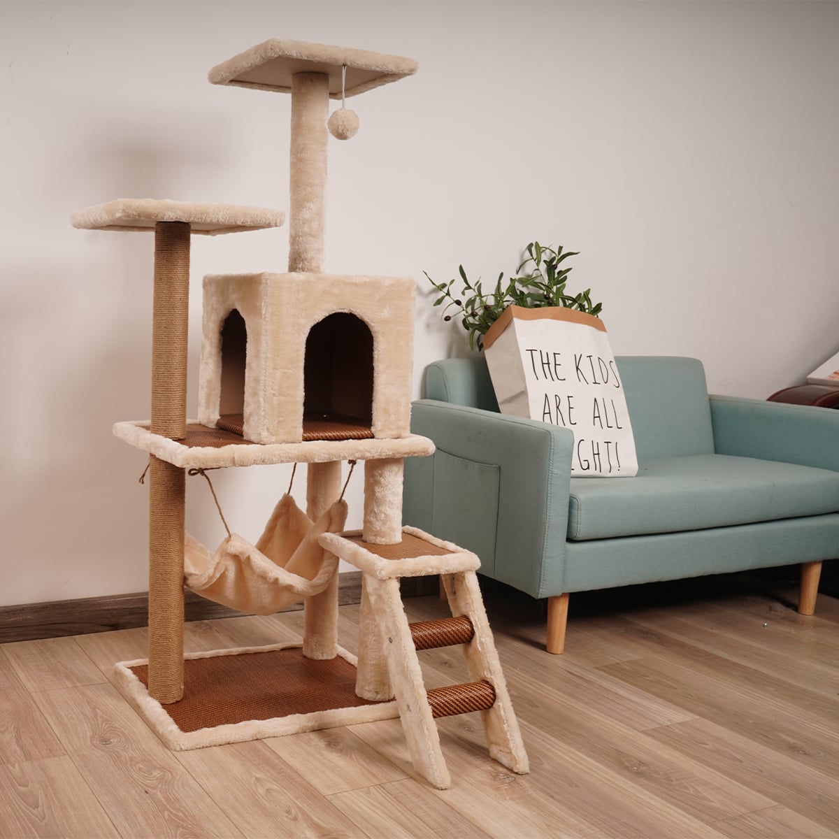 Furtastic 125cm Cat Tree Tower Scratching Post Plush Cat Condo with Hammock, Cubby House & Toy - Beige