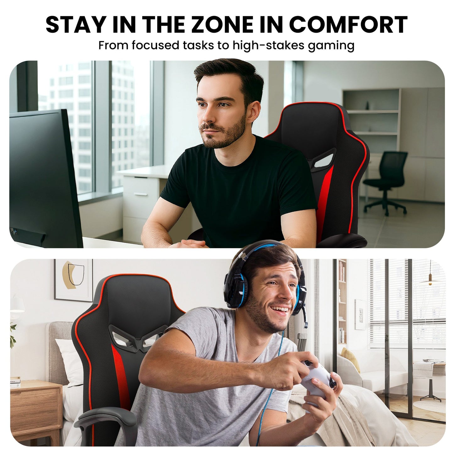 Sarantino Fayzo Reclining Office Gaming Chair Black Red Seat Adjustable Height Breathable Mesh Back Padded Armrests