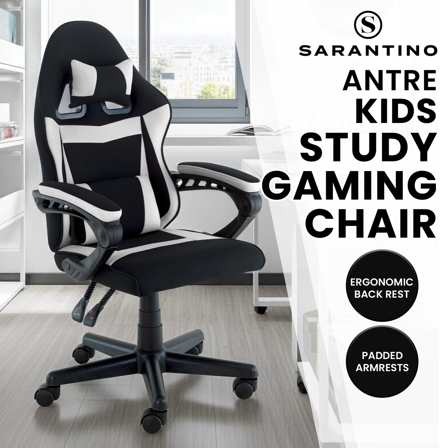 Sarantino Antre Kids Study Gaming Chair Black White Computer Seat Adjustable Height Ergonomic Support, Padded Armrest
