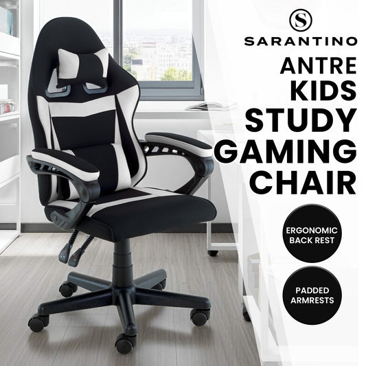 Sarantino Antre Kids Study Gaming Chair Black White Computer Seat Adjustable Height Ergonomic Support, Padded Armrest
