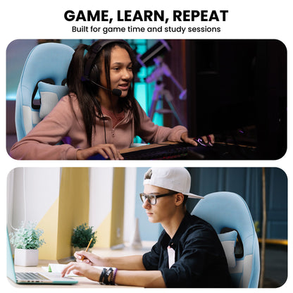 Sarantino Antre Kids Study Gaming Chair Blue White Computer Desk Seat Racing Inspired-Look with Adjustable Height, Ergonomic Back Support, Padded Armrests
