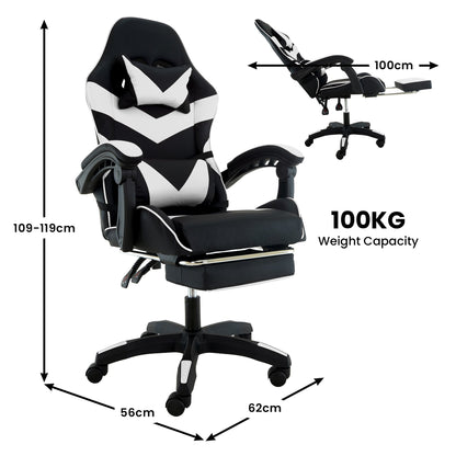 Sarantino Cueva Reclining High Back Office Gaming Chair with Retractable Footrest Office Computer Seating in Black/White