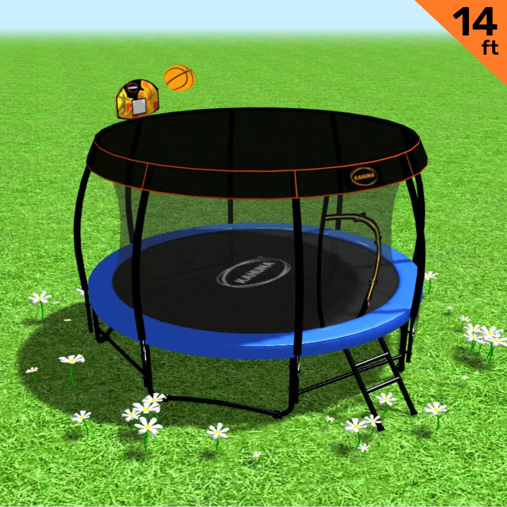 Kahuna Trampoline 14 ft with Basketball Set and Roof - Blue